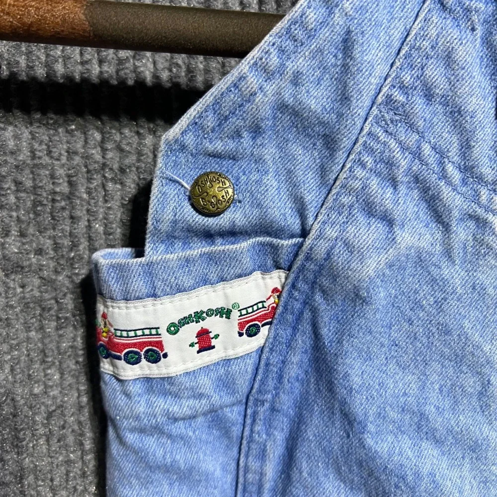 Vintage OshKosh B Gosh Overalls Kids 12-18M Blue Fire Truck Denim Bib USA Made